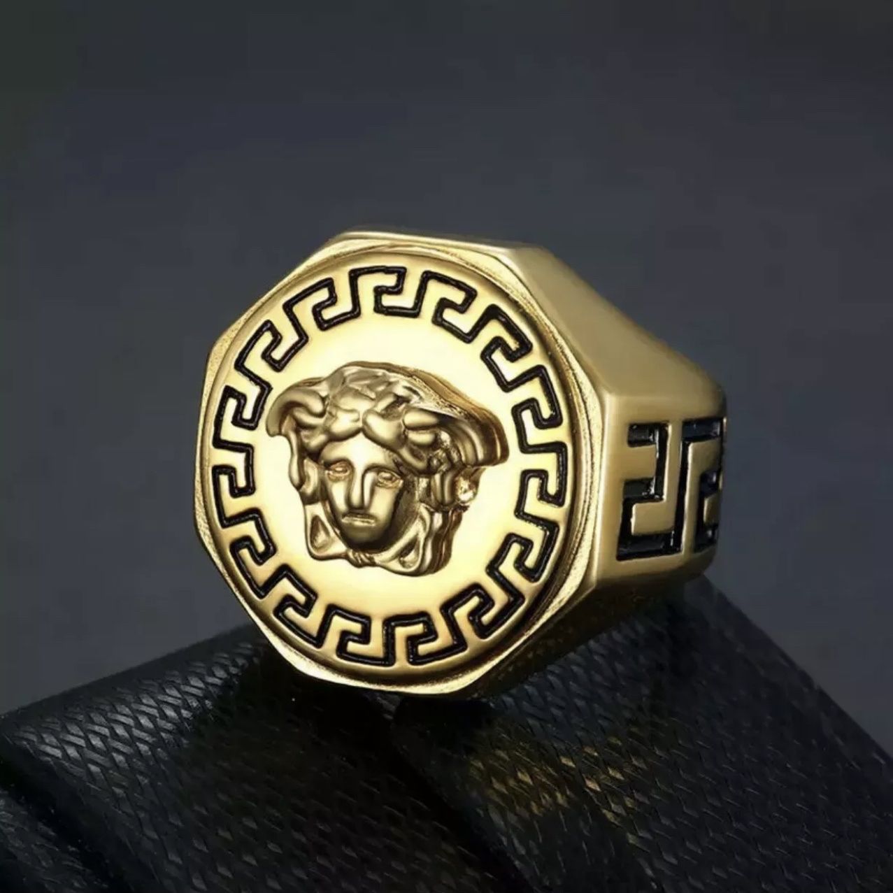 Versace inspired Medusa Head Ring marked 18K Gold tone Ring Size 11.5