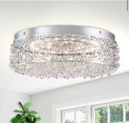 14.17 in. 20-Watt Modern Small Chrome Drum Integrated LED Flush Mount Ceiling Light with Beaded Crystal Shade