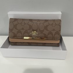 Coach Signature Tan Canvas Wallet with Gold Bar Logo