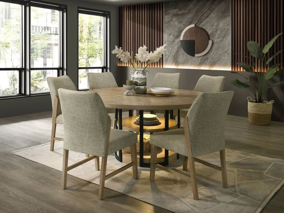 Eden 7Pc 59" Round Rustic Oak Dining Set