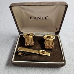 Vtg Danté Oval Tigers Eye Brown Stone Cufflinks And Tie Tack Men's Jewelry Set