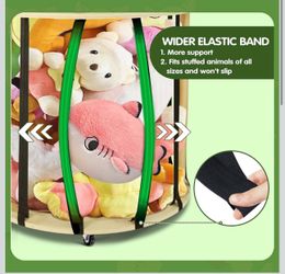 Stuffed Animal Organizer, Toy Organizer Cage with Wider Elastic Band for Small Medium Large Plush Holder, Round Wooden Storage Bins for Boys Girls, Nu