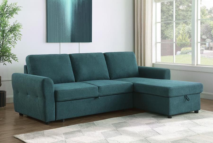 Beautiful Teal Sleeper Sectional Sofa With Storage Chaise! 