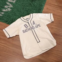 BAPE B.A. Bathing Ape Baseball Jersey – Cream / Grey – Large – PreOwned