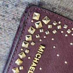 Michael Kors Card Wallet Merlot Dark Red Leather Gold Pyramid Used W Tag Great 