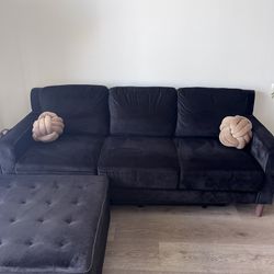 Black Velvet Couch + Pouf