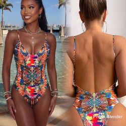 Allover Print Backless One Piece Swimsuit Size Medium