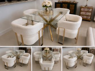 Luxury Glass Dining Table Set with 4 White Bouclé Chairs – Modern Gold Design – Brand New