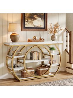 Gold Console Table with Marble-Top and Shelves