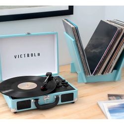 Suitcase Record Player with Matching Record Stand