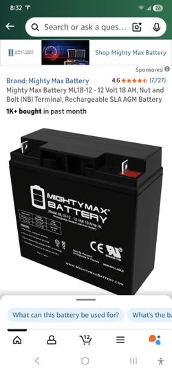 Mighty Max Battery ML18-12 - 12 Volt 18 AH, Nut and Bolt (NB) Terminal, Rechargeable SLA AGM Battery