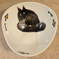 Vintage P Home Fapor Portugal Ceramic Cat Bowl Hand Painted Black Cat Fish 1986