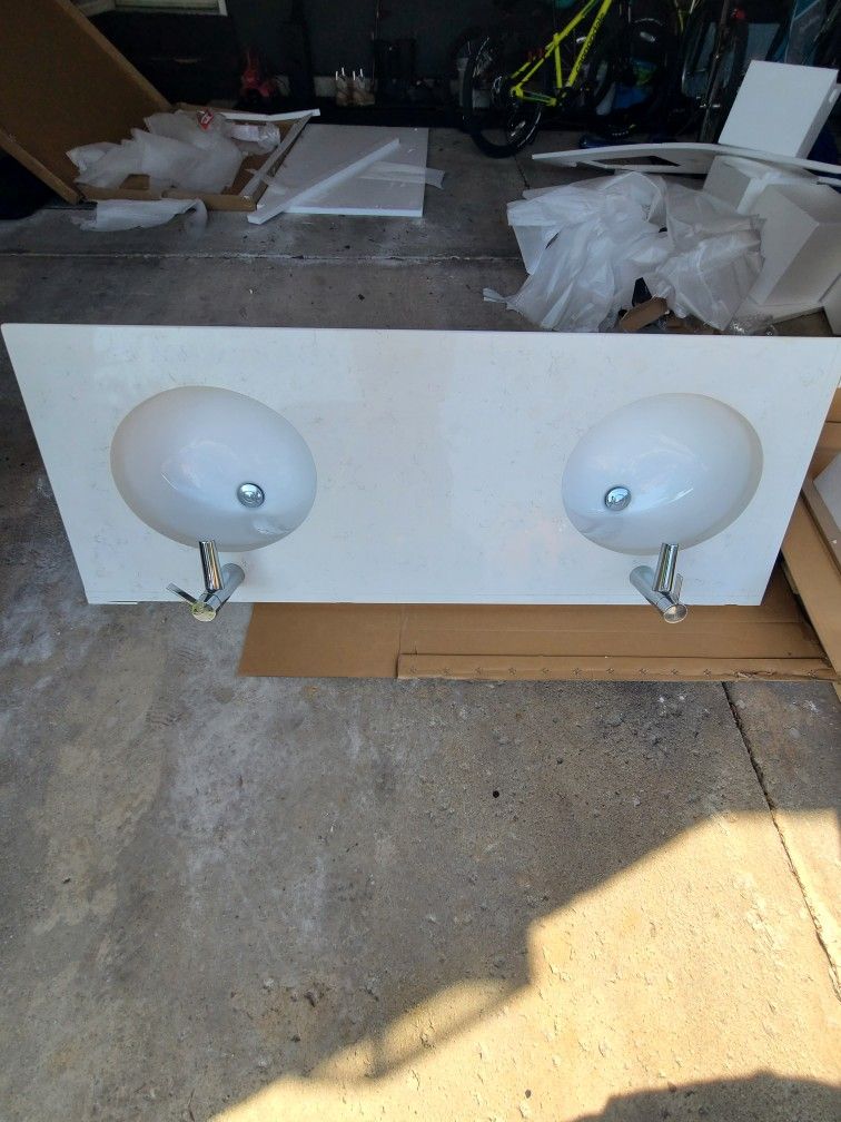 60" Quartz Vanity Top with Double Sinks, Faucets, and Backsplashes
