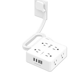 Tcstei 6 Ft Flat Extension Cord, Tcstei Ultra-Thin Flat Plug Surge Protector Power Strip, 3-Sided Outlet Extender, 8 AC Outlets and 4 USB Ports(1 USB 