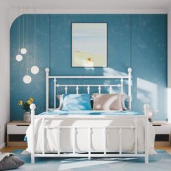 Full Size Metal Platform Bed Frame with Victorian Vintage Headboard, White