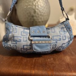 Vintage GUESS Denim & Leather Shoulder Bag Logo Monogram Blue