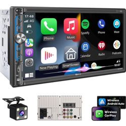 PLZ 7" Wireless Double Din Car Stereo Carplay Radio Screen for Car Audio Receivers, Bluetooth