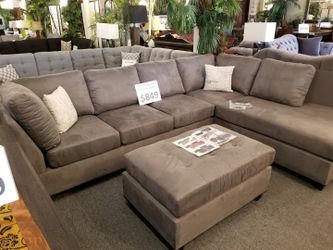 Brand new 112" x 85" grey microfiber reversible sectional + ottoman