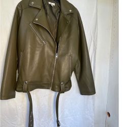 Topshop Olive Green Faux Leather Moto Biker Jacket Belted Size M