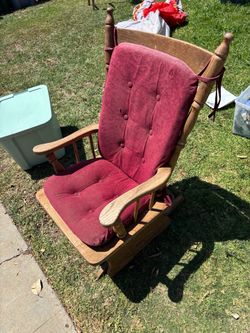 Vintage Wooden Glider Rocking Chair with Red Cushions