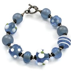 Vintage Sterling 925 Steel Blue/White Art Glass Unique Beaded Artisan Bracelet 