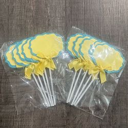 New Pack of 10 Yellow & Blue Glitter Buffet Food Label Cupcake Toppers