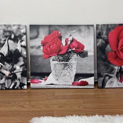 Wall Art - Red Black & White Roses - Set of 3 NEW!!!
