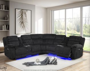 Fluffy corduroy black sectional with Bluetooth speakers and USB and light