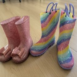Girls’ Rain Boots Size 11 – Glitter Bow & Rainbow Print, Like New