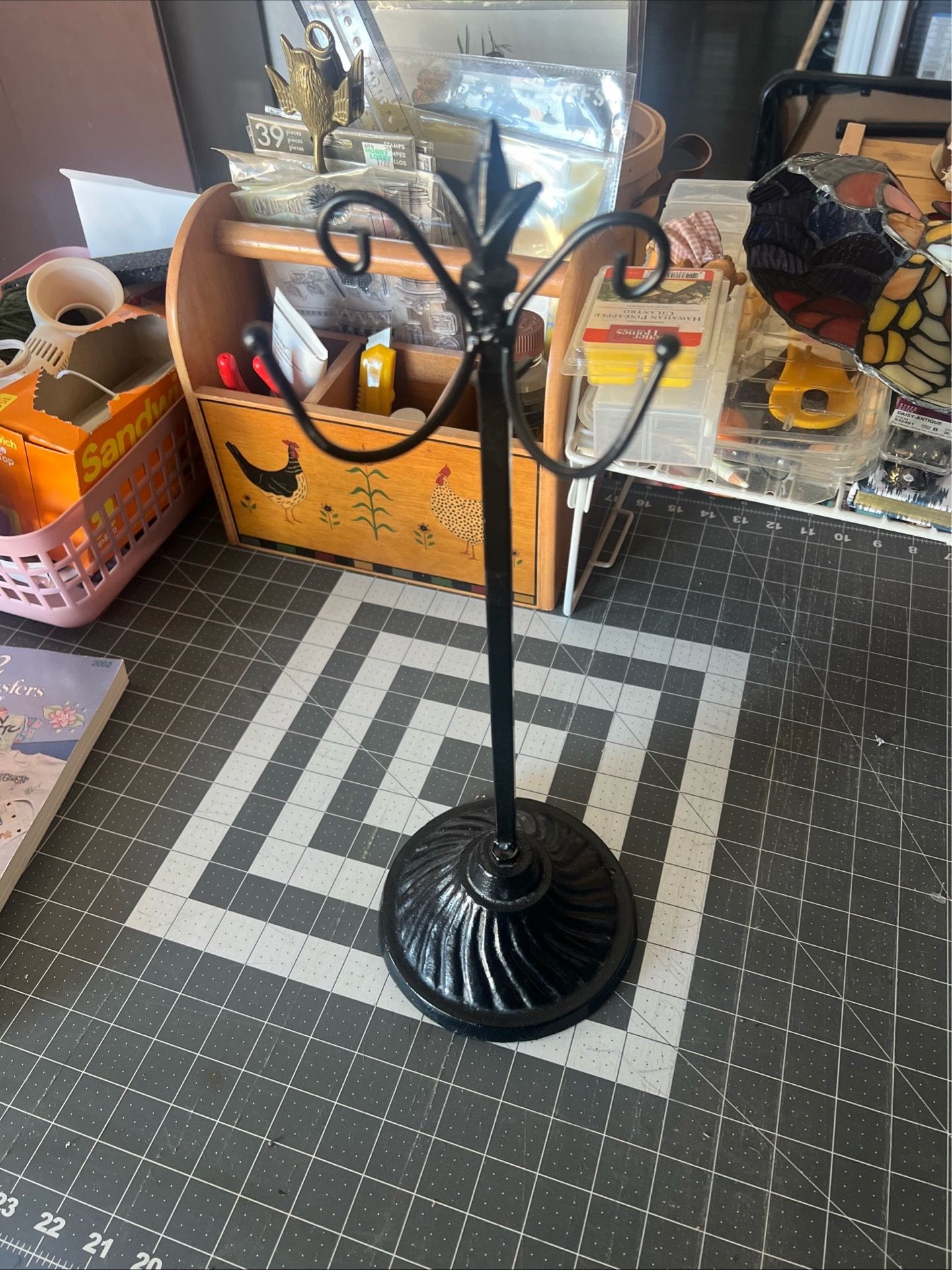 Vintage Towel/Jewelry/Hat Stand Wrought Cast Iron Black, Adjustable/ 16-26.5 in.
