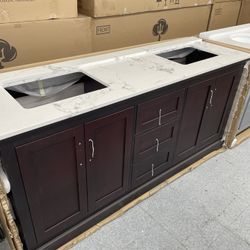 Bathroom Vanity Cabinet 72” Solid Birch Quartz Top With Sinks And Backsplash