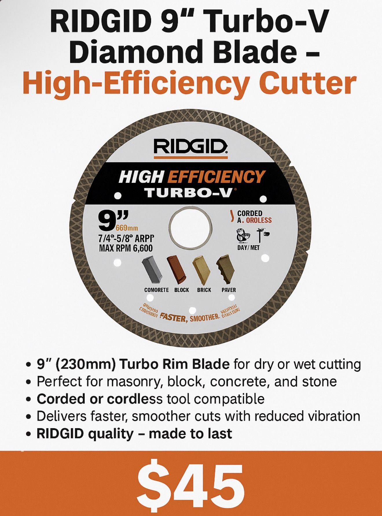 🔥 RIDGID 9” Turbo-V Diamond Blade – High-Efficiency Cutter 🔥