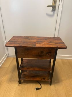 Wooden Nightstand - Power Plug-in, Shelves, Storage Compartment