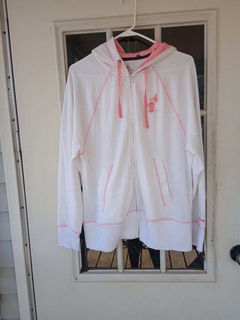 Disney Parks Minnie Mouse zip up hoodie sweatshirt white pink Sz L Women's