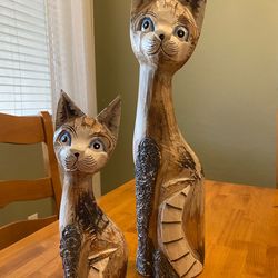 Set of two wooden hand carved cat & kitty statues 19 & 12 inch tall. Original ! Indonesia. Cottage.