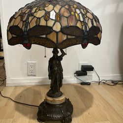 Tiffany Dragonfly Shade With Beautiful Women Marble And Bronze Base 