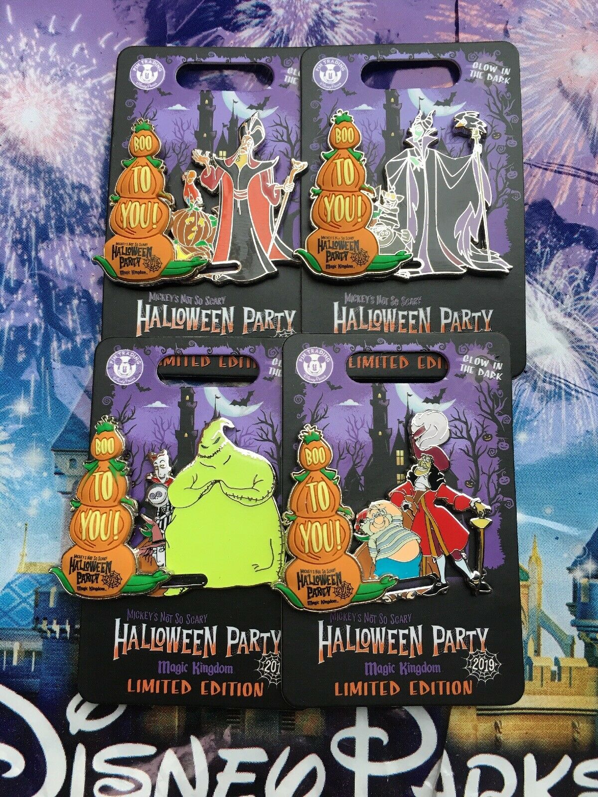 Disney Mickey's Not So Scary Halloween Party 2019 Set Of 4 Villain Pins Jafar, Maleficent, Hook, and Oogie Boogie