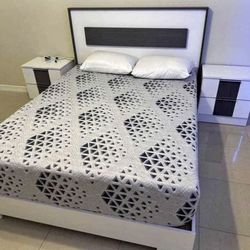 white bedroom set with black finishes - shelf headboard