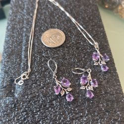 Pretty Sterling Silver Amethyst Jewelry Set - Matching Necklace and Earrings 