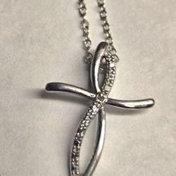 925 Sterling Silver Twist Cross Pendant Necklace With Clear Cubic Zirconia 18"