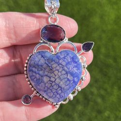 Solar Agate & Amethyst Heart Gemstone 2.5” Pendant