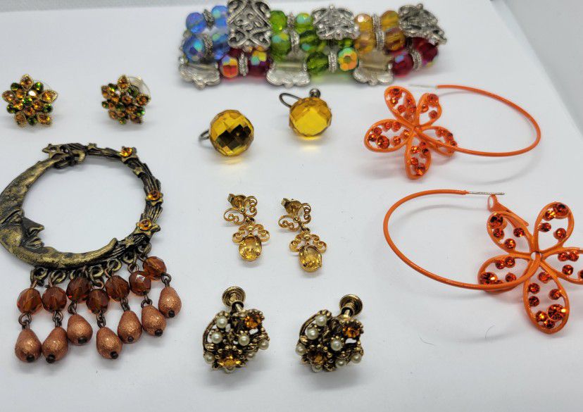 Estate Vintage Orange And Yellow Crystal Jewelry Lot