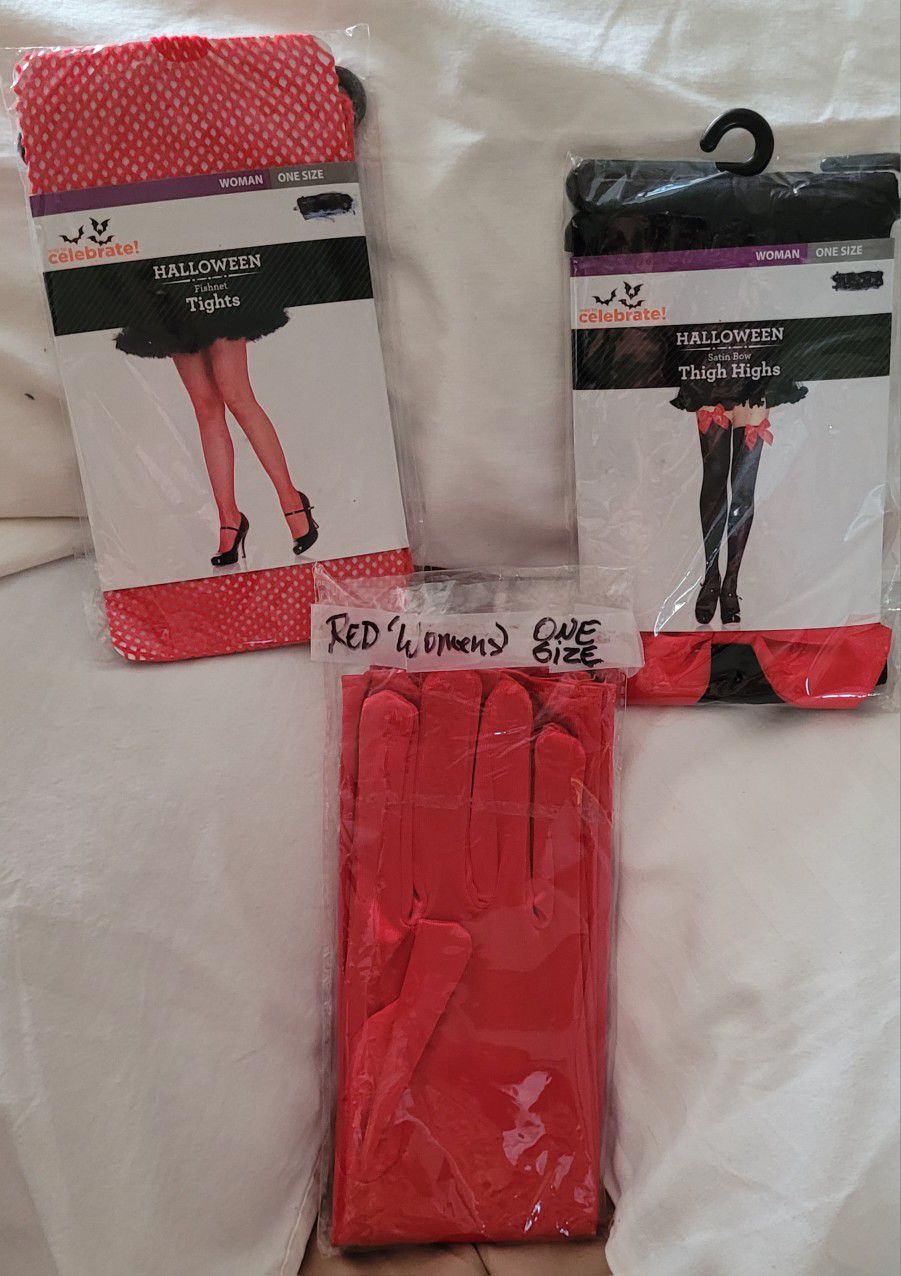 Red Satin Gloves/fishnet Nylons & Black Nylons/W Red Satin Bow (Thigh Highs)