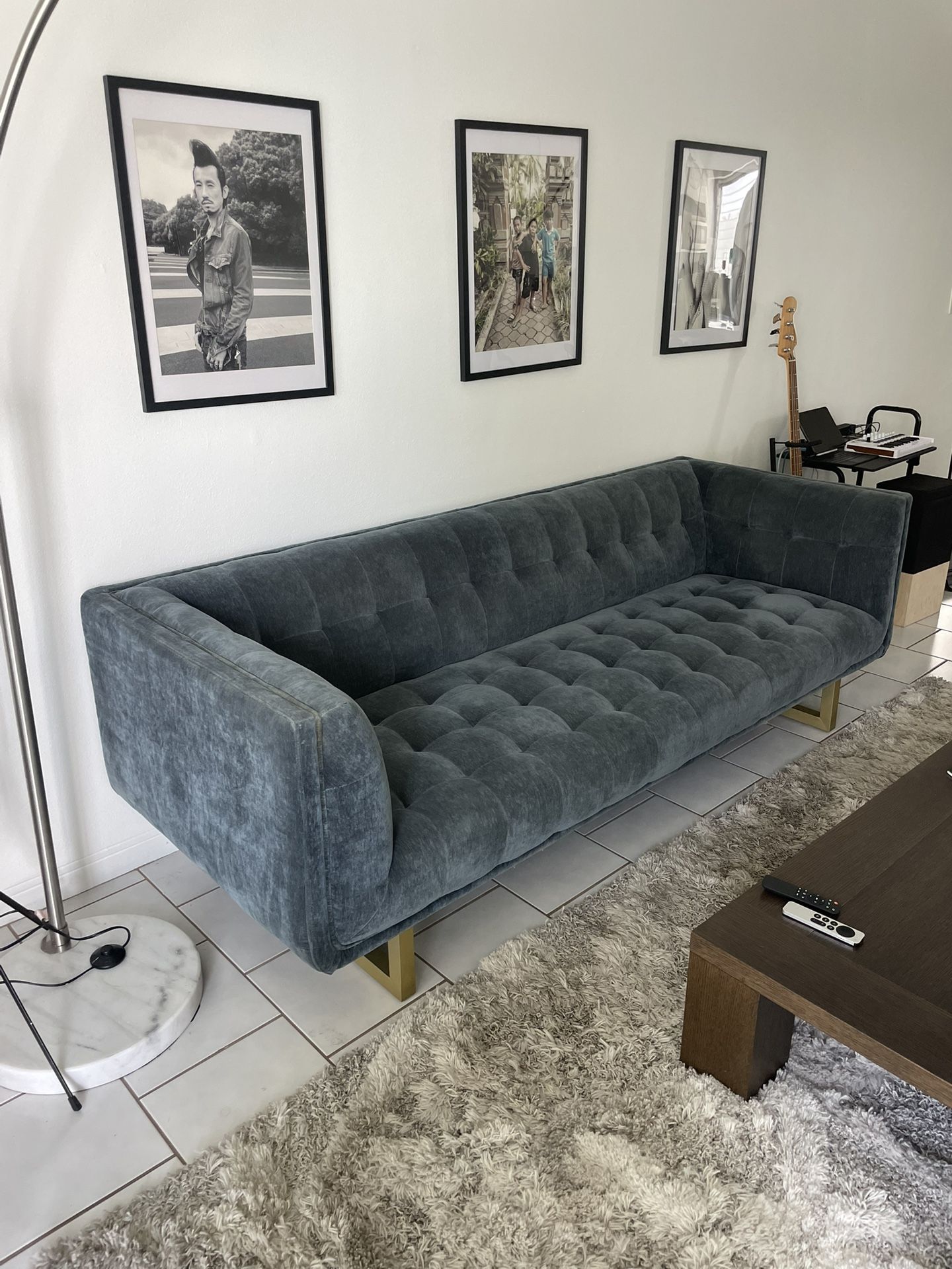 Teal Blue Grey Chesterfield Style Velvet Sofá