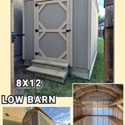 8x12 low barn shed , includes: 1 shed door, all around shelves,paint and caulking , 1 door Stair steps