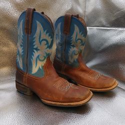 ARIAT Lonestar Western Boot Girls Size 2 Leather Southwestern Blue Great Conditi