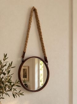 Anthropologie Round Hanging Mirror – Wood Frame & Braided Rope