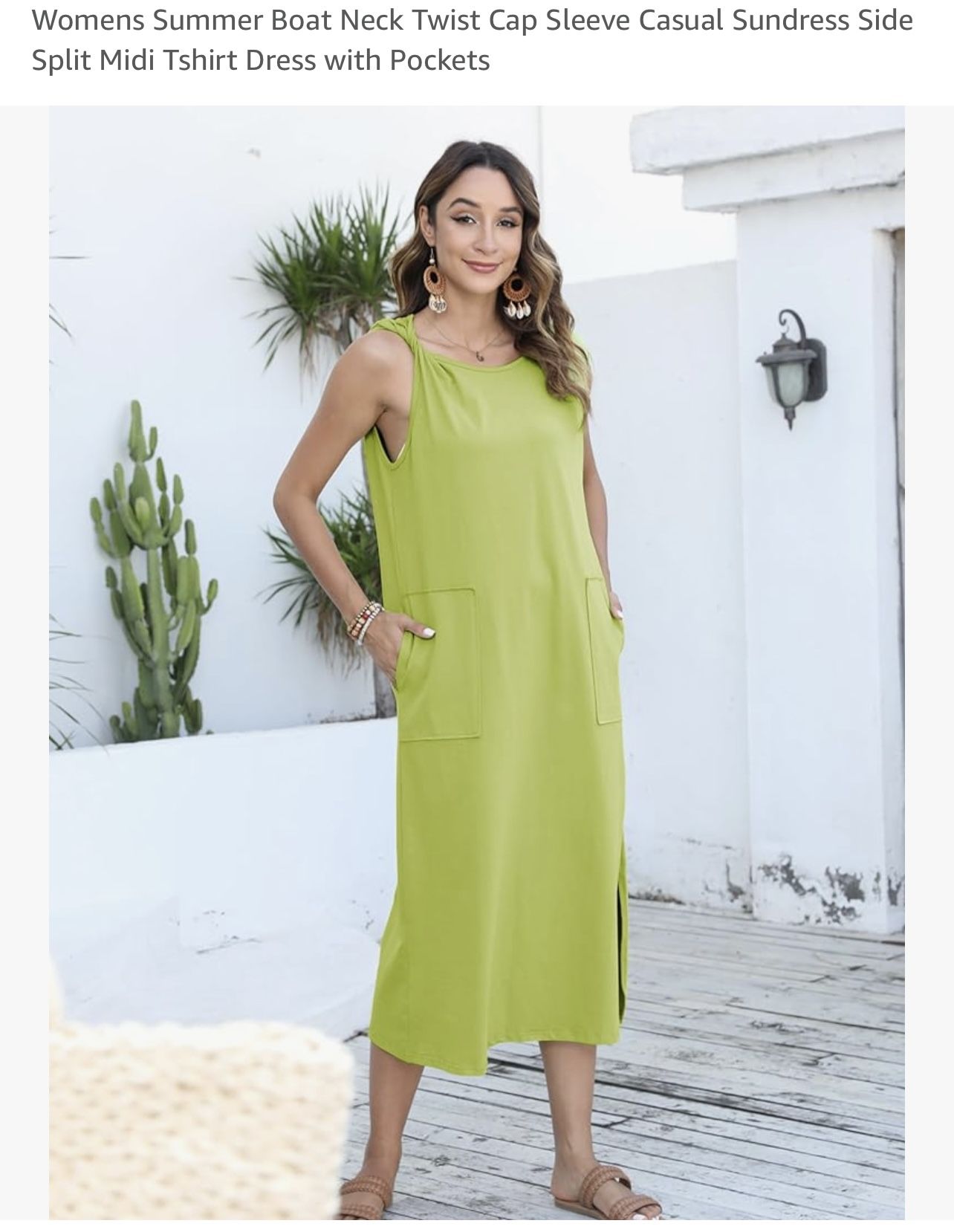 Womens Summer Boat Neck Twist Cap Sleeve Casual Sundress Side Split Midi Tshirt Dress with Pockets