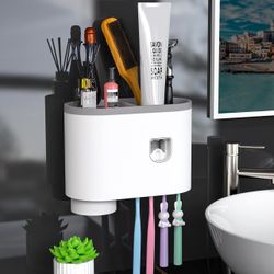 Bathroom Toothbrush Holder Wall Mounted, Hanging Toothbrush Holder Storage Rack and Automatic Toothpaste Dispenser Kit with Magnetic Cups and 4 Toothb