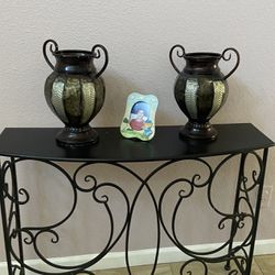 Scroll Metal Console Table and Vases 